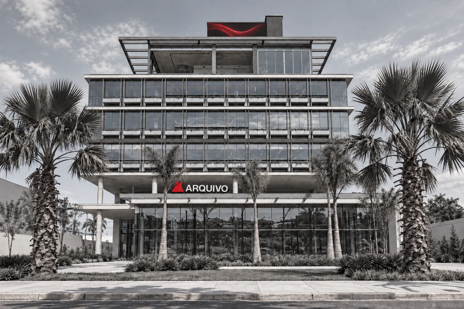 Visualização da nova sede da Arquivo, em Florianópolis, com logo em letras-caixa de ACM, tons neutros e detalhes vermelhos